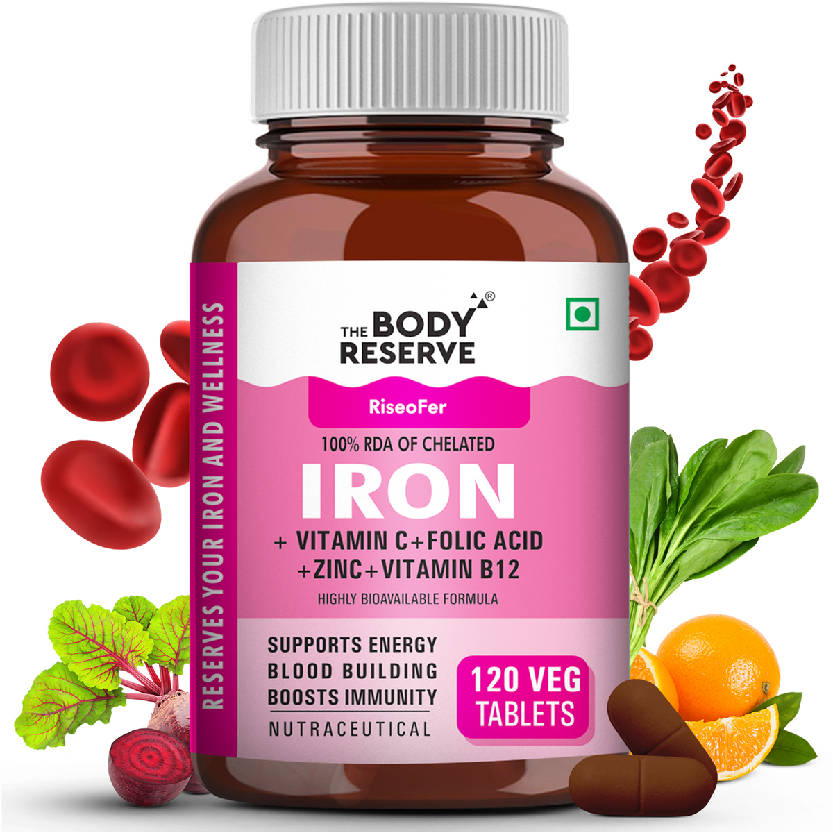 Iron + Vitamin C - 120 Veg Tablets  for Blood Building & Immunity