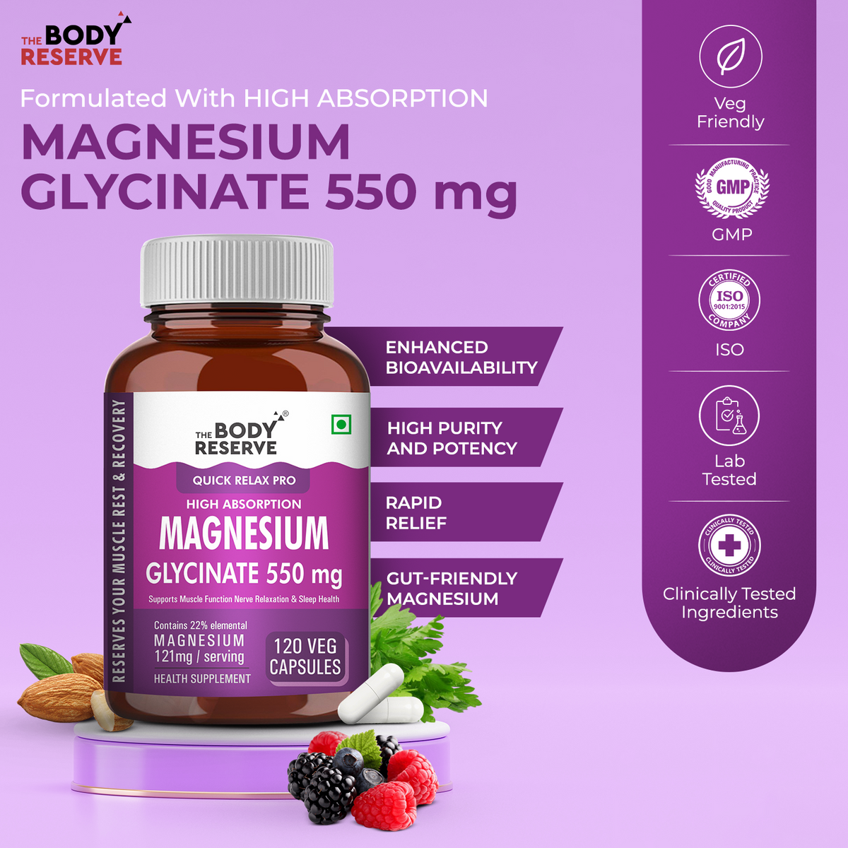 Magnesium Glycinate 550 Supplement 120 Veg Tablets, for Muscle & Nerve Health