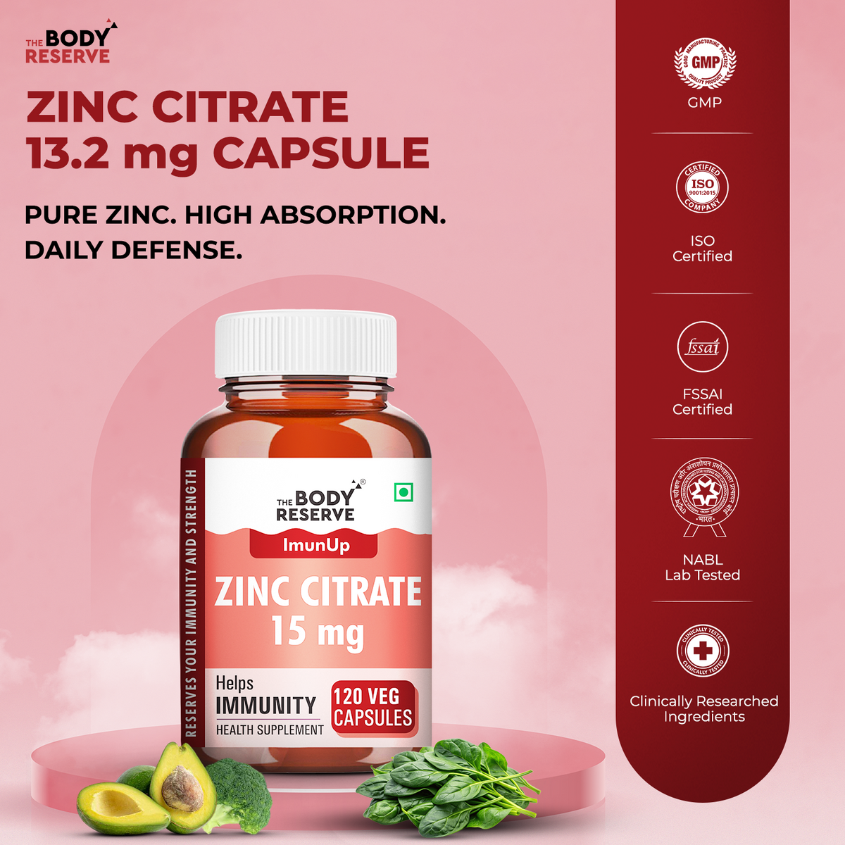 Zinc Citrate – 120 Veg Capsules for women & men - High Absorption Zinc