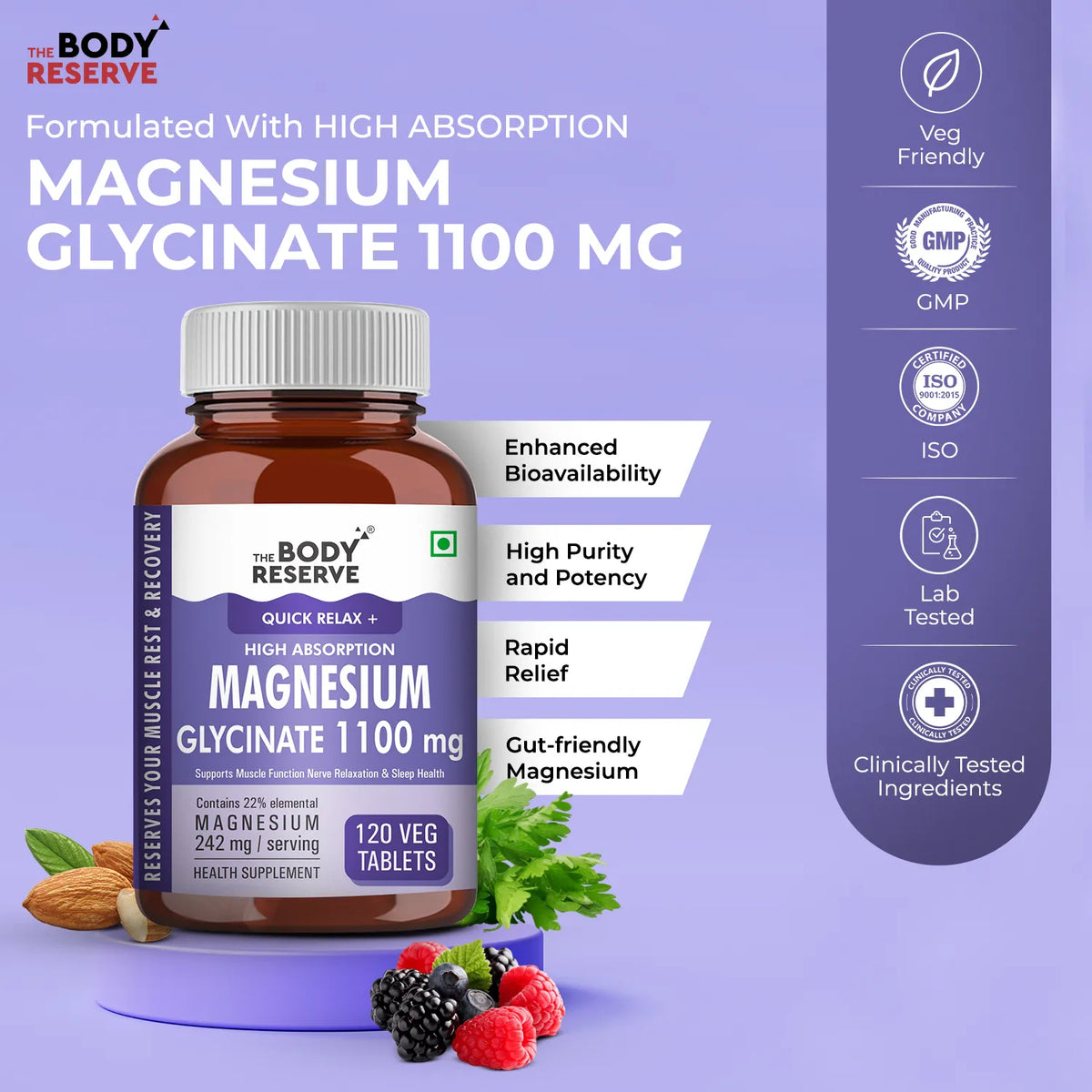 Magnesium Glycinate Supplement 1100mg 120 Veg Tablets
