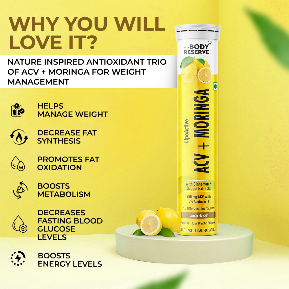 ACV Moringa effervescent (lemon) Pack 4  (60 Tablets)