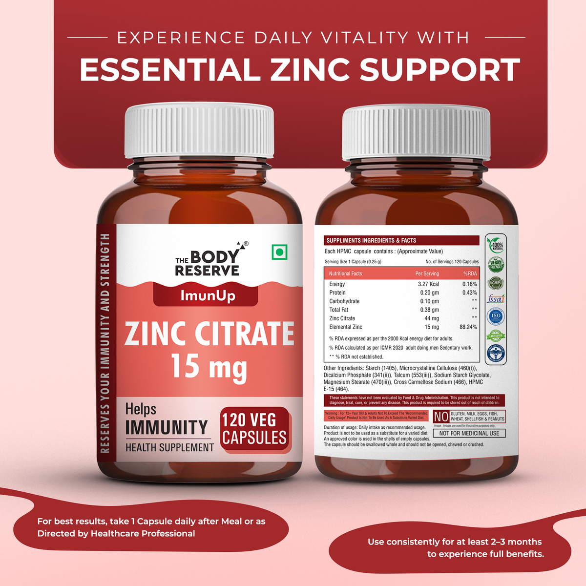 Zinc Citrate – 120 Veg Capsules for women & men - High Absorption Zinc