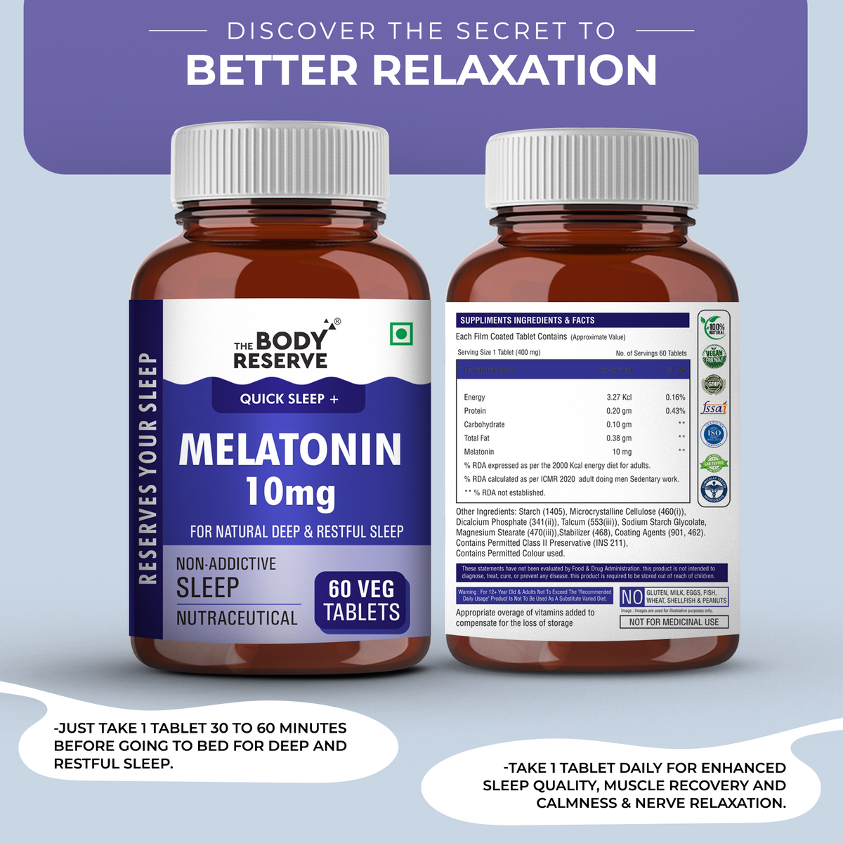 Melatonin 10mg-60 Veg Tablets for Muscle & Stress Relief