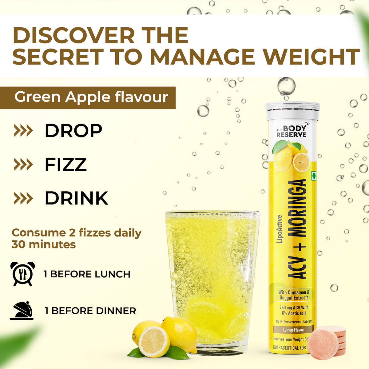 ACV Moringa effervescent (lemon) Pack 4  (60 Tablets)